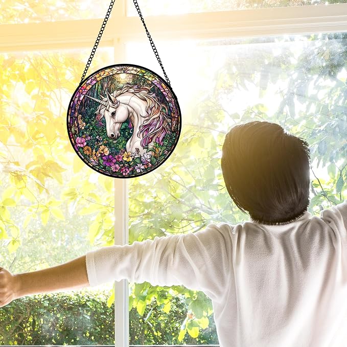 DASTOLL Stained Glass Window Hanging, Unicorn Flowers Suncatcher for Doors Home Sun Catchers Decoration and Christmas, Mother's Day Birthday Gifts for Women, Men, and Mom 6.3 in