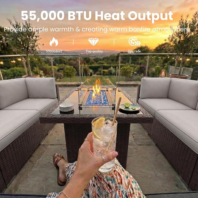 15 Pieces Patio Furniture Set with 44" Propane Gas Fire Pit Table, Outdoor Sectional Brown Rattan Wicker Conversation Sofa Sets with Coffee Table