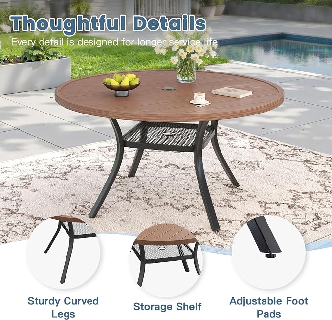 DIFY 7 Piece Outdoor Dining Set, Patio Table and Chairs Set for 6 with Umbrella Hole, 47.2" Walnut Round Dining Table & Stackable Wicker Patio Chairs, Metal Patio Furniture Set for Garden Backyard