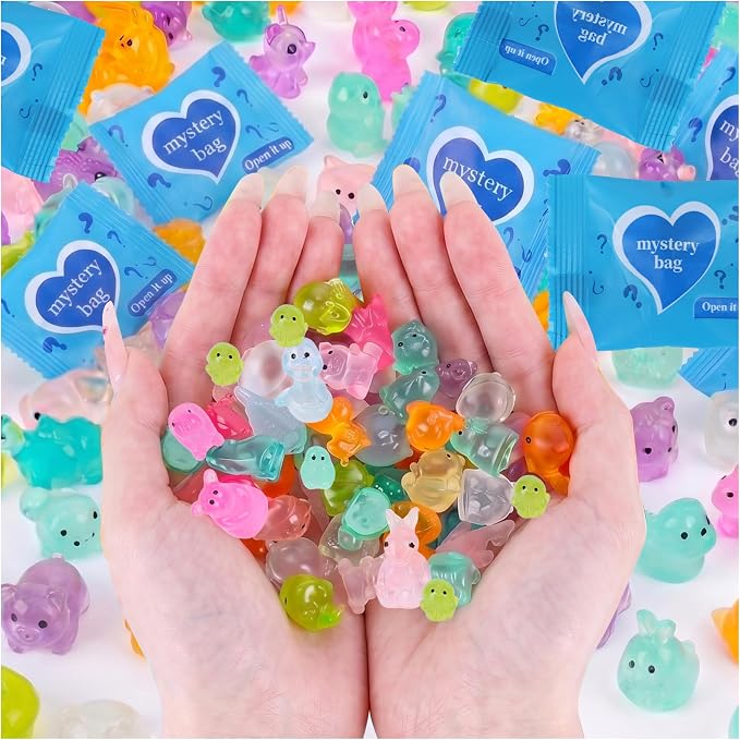 70 Pcs Mini Resin Animals Blind Bags, Glow in The Dark Tiny Animal Figures, Mystery Bulk Assortment for Fairy Garden, Aquarium, Potted Decor, Premium Hand-Polished Resin