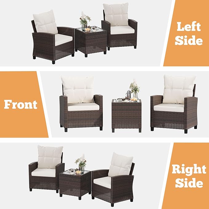 Shintenchi 3 Pieces Patio Furniture Set, PE Rattan Wicker 3 Pcs Patio Set, Outdoor Furniture Set with Two Outdoor Chairs and Table, Conversation Set for Garden, Poolside, Balcony, and Porch(Beige)