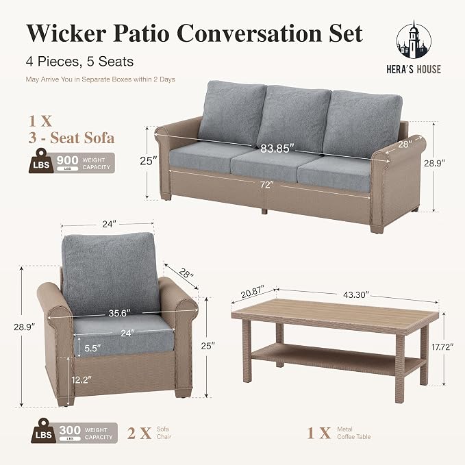 HERA'S HOUSE Patio Furniture Set, 4 x Cushioned Chairs, 3-Seat Sofa with Wood Grain Coffee Table, 5 Seats Luxury Windsor Style All Weahter Outdoor Sofa Conversation Set for Deck Lawn Backyard