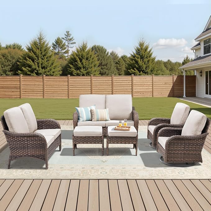 6 PCS Patio Furniture Set, 2 Outdoor Wicker Loveseat Sofas & 2 Swivel Rocking Chairs with 2 Ottomans, 4-Inch Thick Olefin Cushions, 300 lbs Capacity Rattan Conversation Set for Porch, Beige