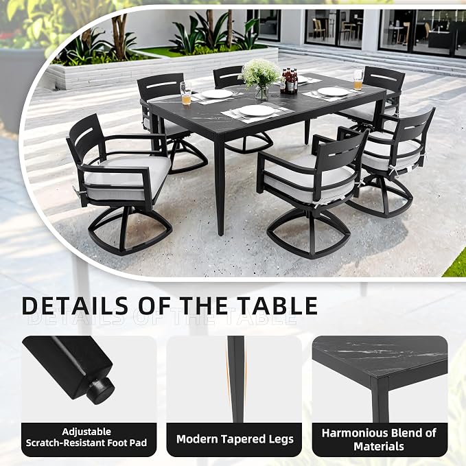 7PC Aluminum Outdoor Patio Dining Set, 71”Rectangular Black Marble Dining Table with Sintered Stone Top and 6 Cushioned Swivel Rockers, All-Weather Patio Furniture