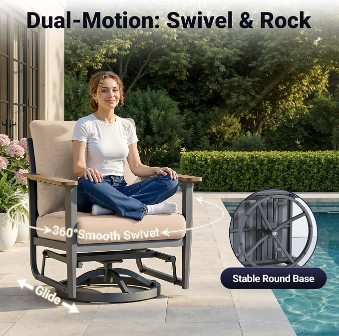 Aluminum Outdoor Patio Furniture Set, 10-Piece Sectional Sofa with 5.1" Thick Cushions, 4 Swivel Rocking Chairs, 55,000 BTU Propane Fire Pit Table, Outdoor Couch for Backyard, Deck, Khaki