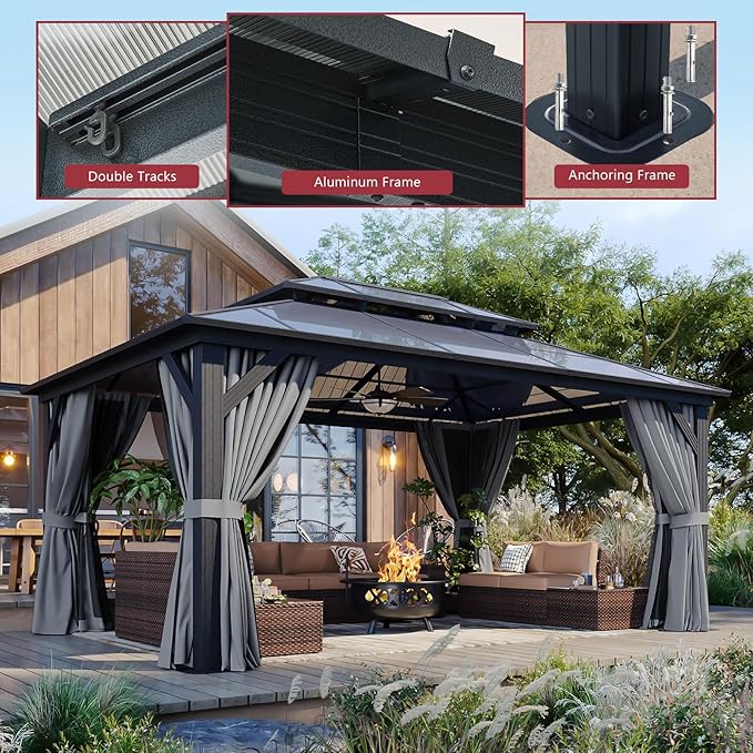 12’x16’ Hardtop Gazebo with Double Polycarbonate Roof, Sturdy Aluminum Frame & Removable Curtains/Netting,Outdoor Metal Shelter Pergola for Garden, Patio, Lawn (Grey)