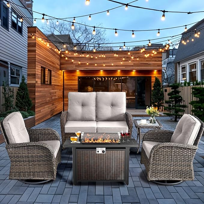 HUMMUH 5-Piece Patio Set with Glider Loveseat, Swivel Rockers and Fire Pit | 4 in cushions, PE wicker, powder-coated steel frames, 50,000 BTU gas fire pit, for backyard, poolside, and deck