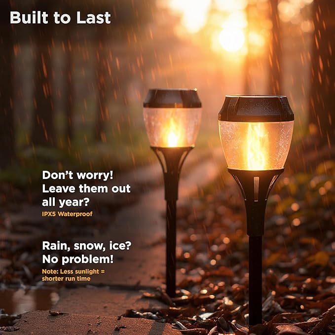 FoxFlame Solar Path Lights Outdoor Waterproof-Realistic Flickering LED Flame,IP65 Pathway Lights Solar Powered Warm Light for Garden and Walkways,Ground Stake Included for Easy Setup (6Pack)