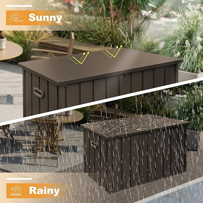Domi 200 Gallon Deck Box, Outdoor Metal Lockable Storage Cabinet, Waterproof Steel Outdoor Bench with Lockable Lid, Side Handles & Rolling Casters for Outside Cushions, Pillows, Garden Tools, Brown