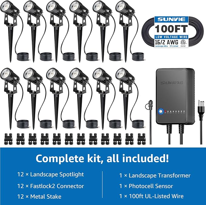 SUNVIE All-in-One LED Low Voltage Landscape Lighting Kit, 12-Pack Landscape Lights with Transformer 100FT Wire and Connectors, 3000K Waterproof Low Voltage Landscape Lights for Garden Yard House Tree
