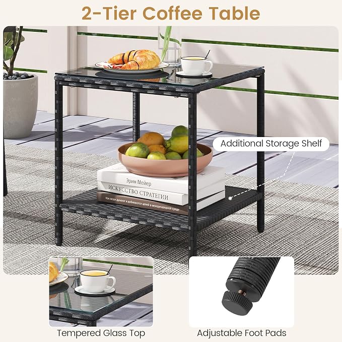 Tangkula 3 Pieces Patio Furniture Set, PE Rattan Outdoor Cushioned Conversation Chairs with 2-Tier Tempered Glass Tabletop Table, for Balcony, Garden and Poolside (Black)