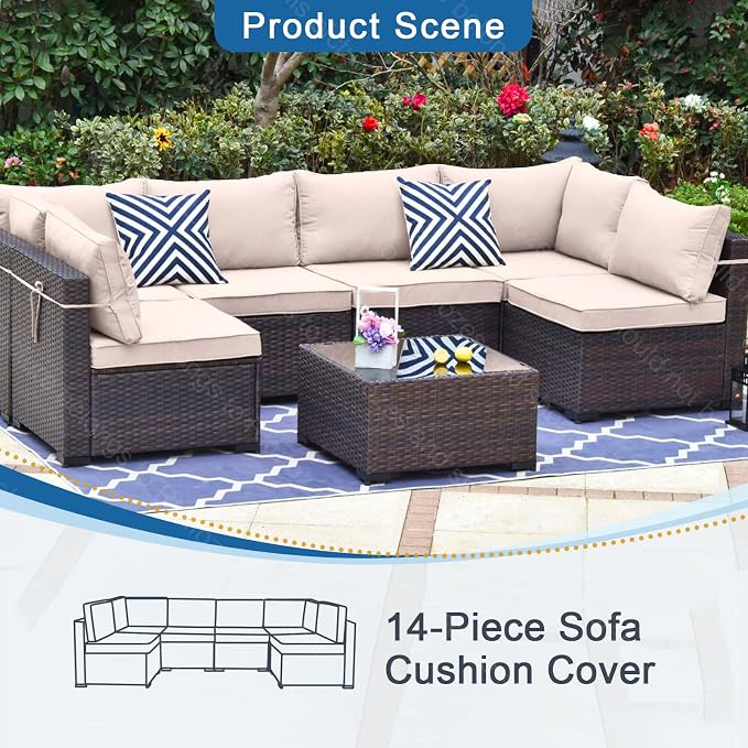 14Pcs Patio Cushion Covers, Furniture Cushion Slipcovers, 24.8"x24.8"x3.14" | Outdoor Cushion Slipcovers, Water Resistant Fabric, Zipper Design, Fits Patio Sectional Furniture
