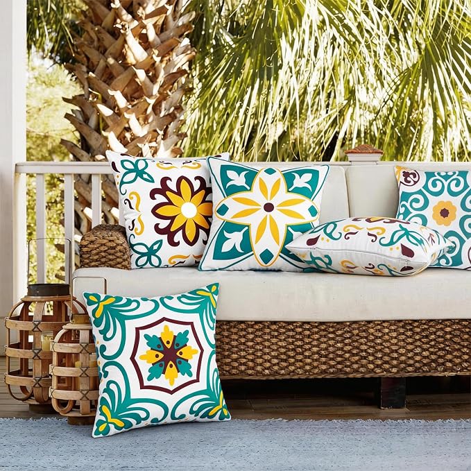 Pyonic Turquoise Outdoor Pillow Covers 18x18 inch Set of 4 | Morocco Vintage Floral Boho Pillow Covers Water Resist Outdoor Pillows for Patio Furniture Garden Yard