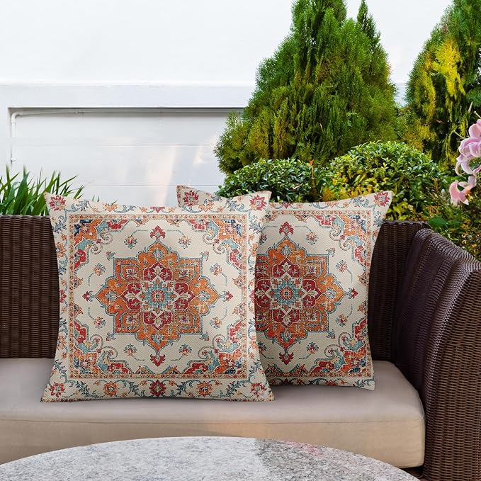 Throw Pillow Covers, Orange Boho Farmhouse, Set of 2, 18 x 18 Inch | Decorative waterproof square cushion case pillowcase for outdoor garden couch beach patio
