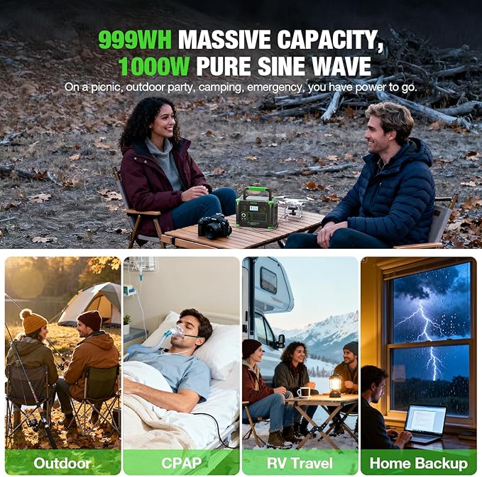 EBL Portable Power Station 1000W Solar Generator 999Wh Fast Charging Backup Battery with 10W Wireless Charging & Multiple Ports for Camping, Home Backup, RV & Off-Grid