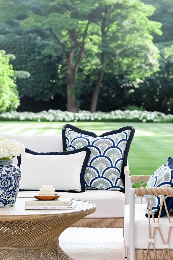 Hofdeco Premium Coastal Grandmillennial Patio Indoor Outdoor Lumbar Pillow Cover Only, 12"x20" Water Repellent for Backyard, Couch, Poolside, White Navy Blue Solid