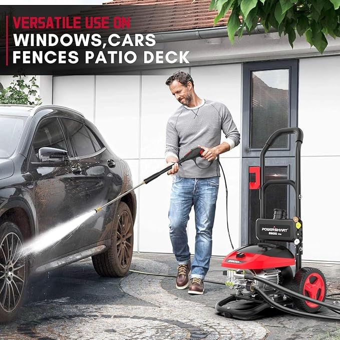PowerSmart 3000 Max PSI Electric Pressure Washer with Induction Brushless Motor, 1.2 GPM High Pressure Cleaner, 5 Nozzles, 8” Wheels, Detergent Tank, for Car, Patio, Fence, Driveway Cleaning