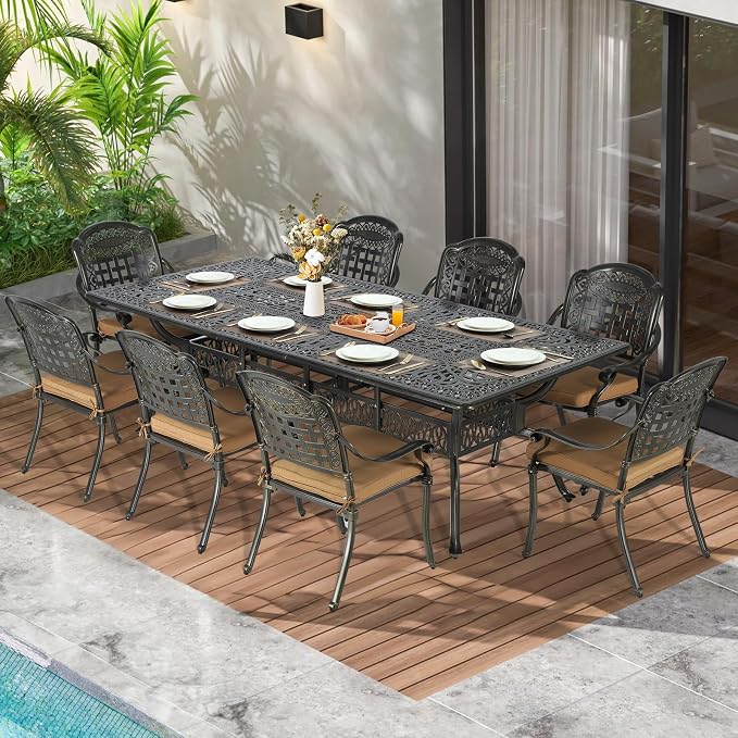 MEETWARM 9-Piece Outdoor Patio Dining Set for 8, All Weather Cast Aluminum Patio Funiture Table and Chairs Set- 94.5” Rectangular Table and 8 Cushioned Chairs for Garden, 2" Umbrella Hole, Khaki