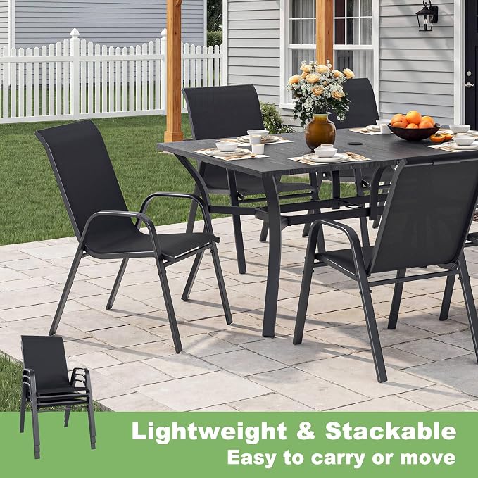 Outdoor Dining Set for 6, Patio Metal Table and Chairs Set with 1.97'' Umbrella Hole, 7pcs Patio Furniture Set 63”x37.8” Dining Table Set with Stackable Chairs for Backyard Pool Deck