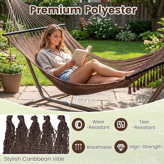 Tangkula 10.5FT Caribbean Double Hammock, Heavy Duty Portable Hammock with Curved Spreader Bars, Soft-Spun Polyester Rope, 2 Person Outdoor Hammocks for Outside, 600 lbs Max Load