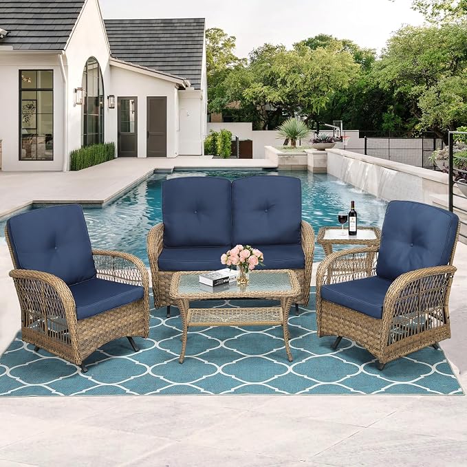 MEETWARM 5 Pieces Outdoor Wicker Patio Conversation Sets with Glider Loveseat, 2 Chairs with 2 Glass-Top Coffee Table Wicker Rocking Glider Set, Wicker Conversation Set w/Thickened Cushions, Navy Blue