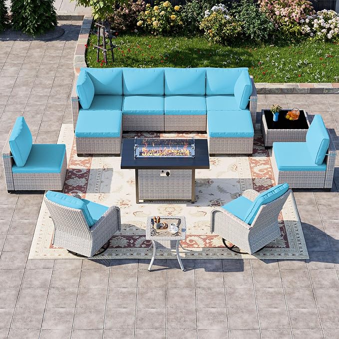 13-Piece Patio Furniture Set, Outdoor Patio Furniture with Swivel Chairs Set, Ottomans, 55,000 BTU Fire Pit Table, Modular Patio Sofa, Dual-Strand Wicker Rattan, Rust-Resistant Frame, Lake Blue