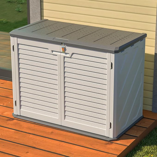 Large Outdoor Deck Box and Horizontal Storage Shed, 28 Cubic Feet Weather Resistant Resin Cabinet for Patio Cushions and Garden Tools, Lockable White Storage Unit, 52.3 x 29.7 x 38.9 Inches