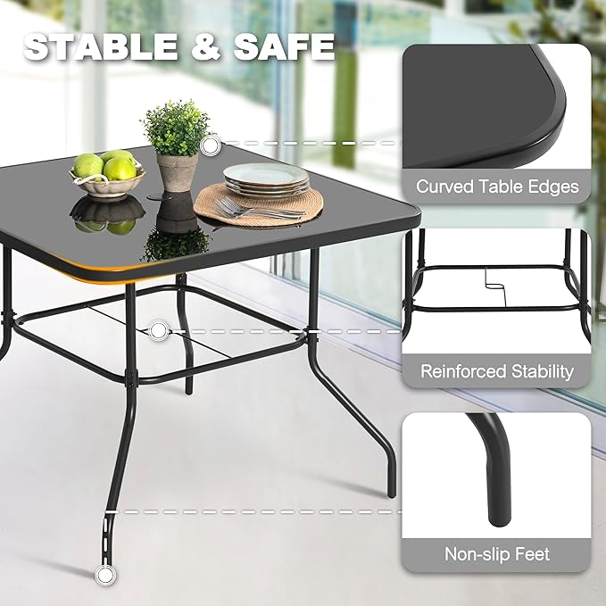 NUU GARDEN 5 PCS Patio Dining Set, Metal Outdoor Table and Chairs, with 4 Stackable Chairs and 31.5’’ Square Table with Umbrella Hole, Outdoor Dining Set for Lawn, Balcony, Garden, Black and Brown