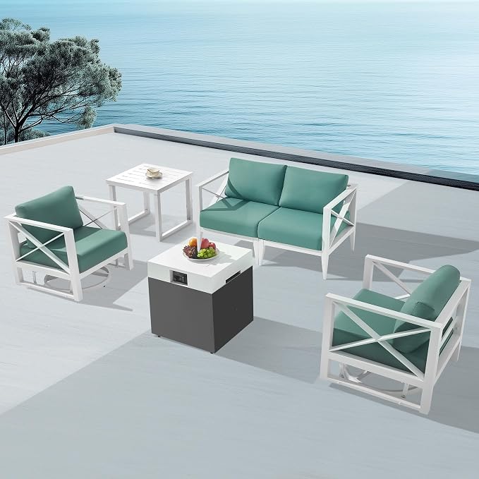 4-Seat Aluminum Patio Furniture Set with Fire Pit – Outdoor Conversation Set with 2 Swivel Rocking Chairs & 37,000 BTU Propane Table, All-Weather for Balcony & Garden – White