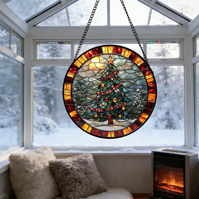 DASTOLL Stained Glass Window Hanging - Winter Christmas Tree Suncatcher Ready to Hang Window Doors Home Decoration, Christmas, Mother's Day Birthday Gifts for Women, Men, and Mom 7.8x7.8 in