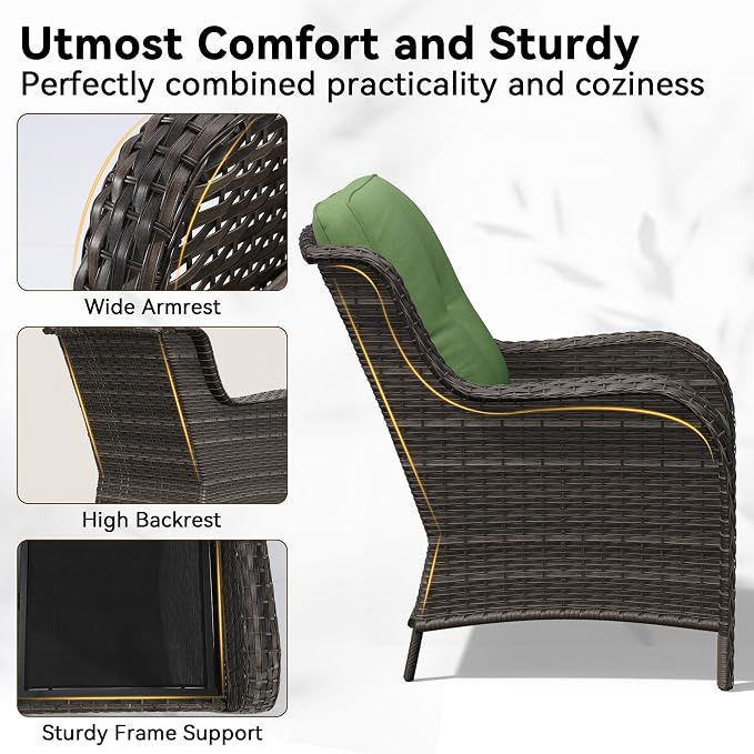 5 Piece Outdoor Wicker Patio Furniture Set, Patio Chairs Set with Thickened Olefin Cushions, High Back and Deep Seating, Hand-Woven PE Rattan, Ottoman for Porch, Deck