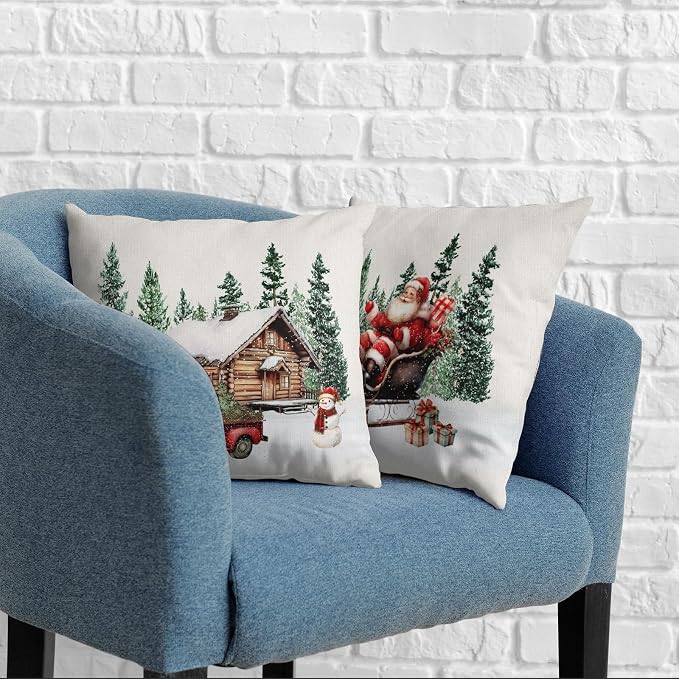 Christmas Santa Pillow Covers Set of 2 Snowy House Red Truck Snowman Throw Pillow Covers Green Xmas Tree Pillowcase 24x24 Cotton Linen Cushion Case for Winter Holiday Home Decor