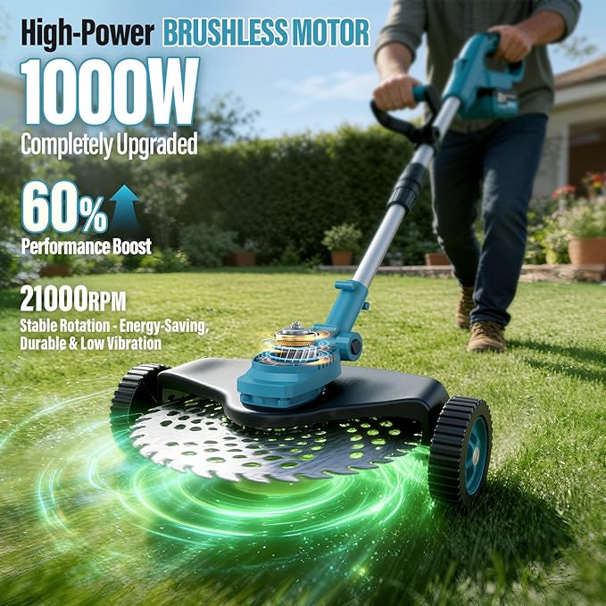 21000RPM Electric Weed Wacker Cordless-8000mAh, 1000W Weed Eater Battery Powered with Wheel, Adjustable Length, 4‑in‑1 Lightweight Grass Trimmer/Brush Cutter/Weed Trimmer/Edger Tool for Garden Yard