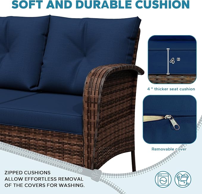 4 Pieces Patio Set, 73" Rattan Loveseat Sofa, Coffee Table, Wicker Swivel Glider Chairs, Cushion with Water Resistant Cover, Outdoor Conversation Furniture, Couch for Sunroom (Navy Blue)