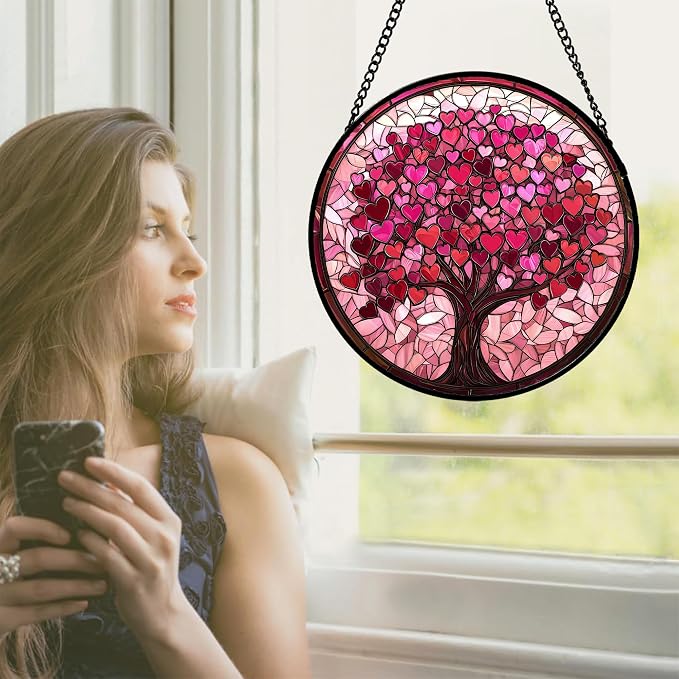 Stained Glass Window Hanging, Birthday Gifts for Women Mom Grandma Nana Wife Couple, Pink Love Tree Suncatcher for Doors Window Home Sun Catchers Gifts Decor 6.3 in
