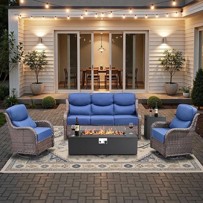 HUMMUH Luxury Patio Furniture Set 6-inch Thick Cushions High Back Swivel Rocker Chairs & 3 Seater-Couch & Steel Fire Pit Table 5 Pieces Outdoor Conversation Set for Porch,Deck,Backyard