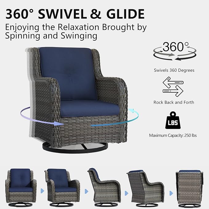 Outdoor Swivel Rocker Patio Chairs Set of 2 - Outdoor Wicker Swivel Glider Chairs 2 Pieces with Olefin Fabric Cushions Suitable for Backyard Deck and Porch(Mixed Grey/Blue)