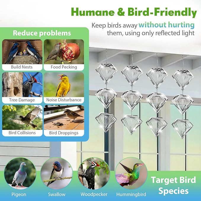 Bird Deterrents for Outside, 12 Discs Stainless Steel 3D Wind Spinners Garden Decor, 4 Sets Reflective Bird Scare Devices to Keep Woodpeckers, Pigeons Away from Patio, Balcony, Porch, Deck