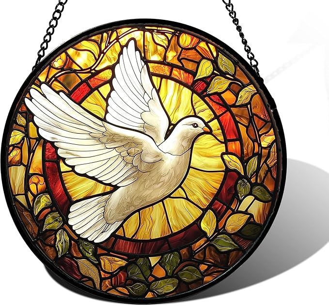 DASTOLL Stained Glass Window Hanging, Flying White Dove Sun Catchers Diamond Glass Panel Hangings Cute Birds Suncatcher Decor for Birthday for Women, Men, Wife, Aunt,and Mom 7.8X7.8IN