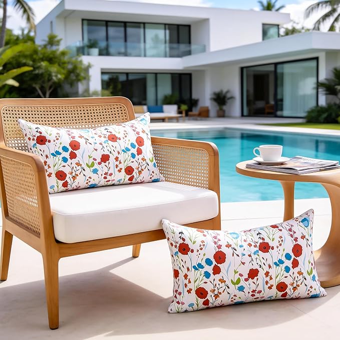 Outdoor Floral Lumbar Pillow Covers Decorative Summer Waterproof Throw Pillow Covers Red Garden Cushion Sham Throw Pillowcase 12x20 Inch Set of 2 Outside Decor for Sofa Furniture Patio Garden Tent