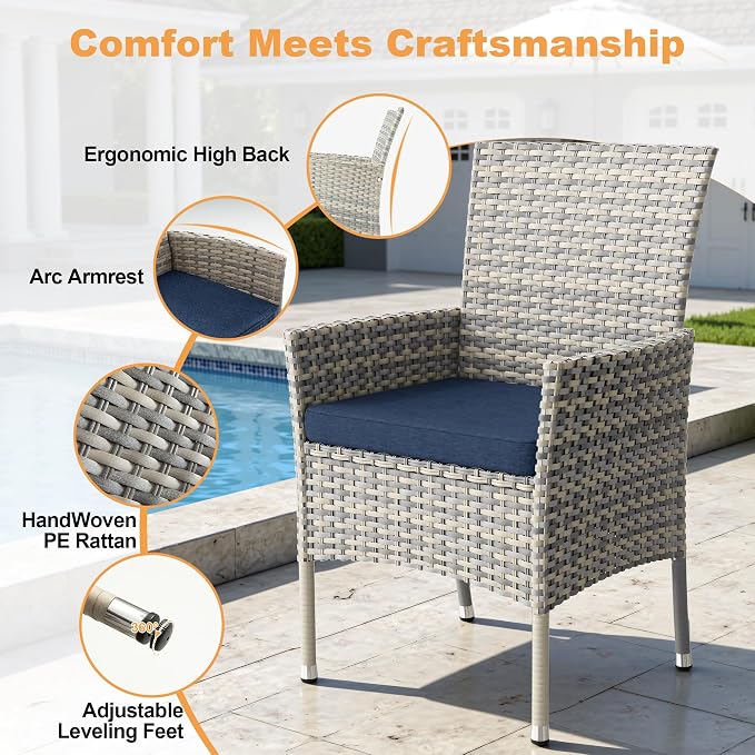 10-Piece Patio Dining Set, Patio Furniture Set with Square Tempered Glass Table & 8 Wicker Chairs, Expandable Design for Larger Groups, Outdoor Furniture for Backyard, Deck, Garden, Navy Blue