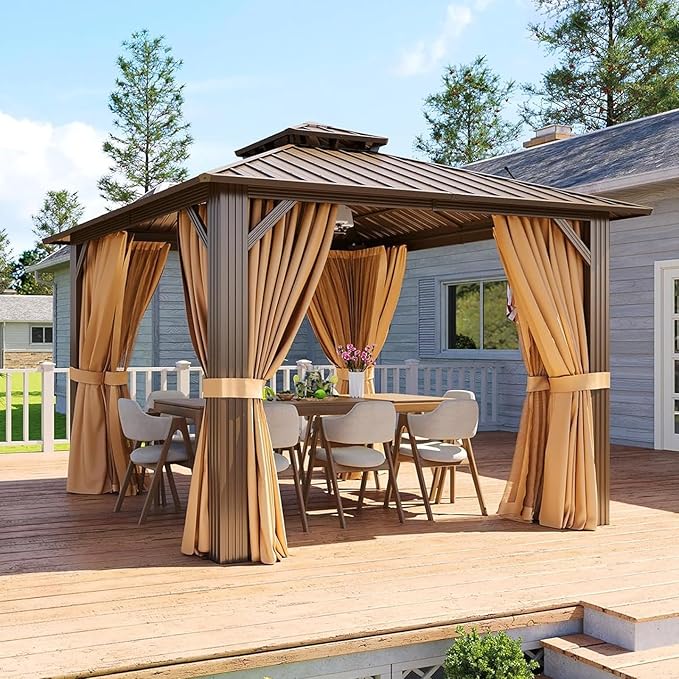 Aoxun 10’x10’ Outdoor Gazebo, Heavy Duty Canopy Pavilion with Ventilated Double Roof, Patio Pergola with Netting and Curtains for Backyard, Garden (Brown)