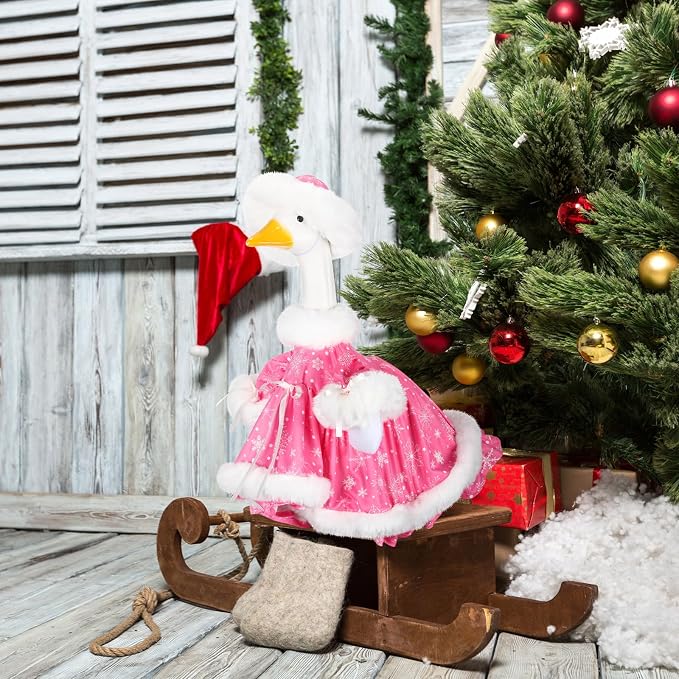 Suzile Pink Christmas Porch Goose Outfit Clothes for 23" High Cement or Plastic Goose Costume for Yard Lawn Outdoor Garden Patio Geese Statue Dresses Winter Xmas Santa Holiday Decor