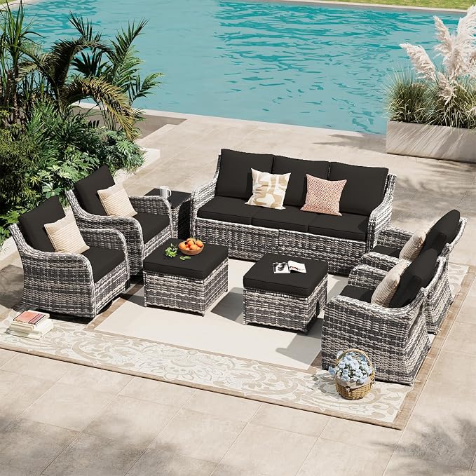 MEISSALIVVE 8 Pieces Patio Furniture Set with Swivel Chair, Wicker Patio Sofa, Rattan Conversation Set with Three-seat Sofa, 2 Fixed Single Chair for Lawn Backyard (Black)