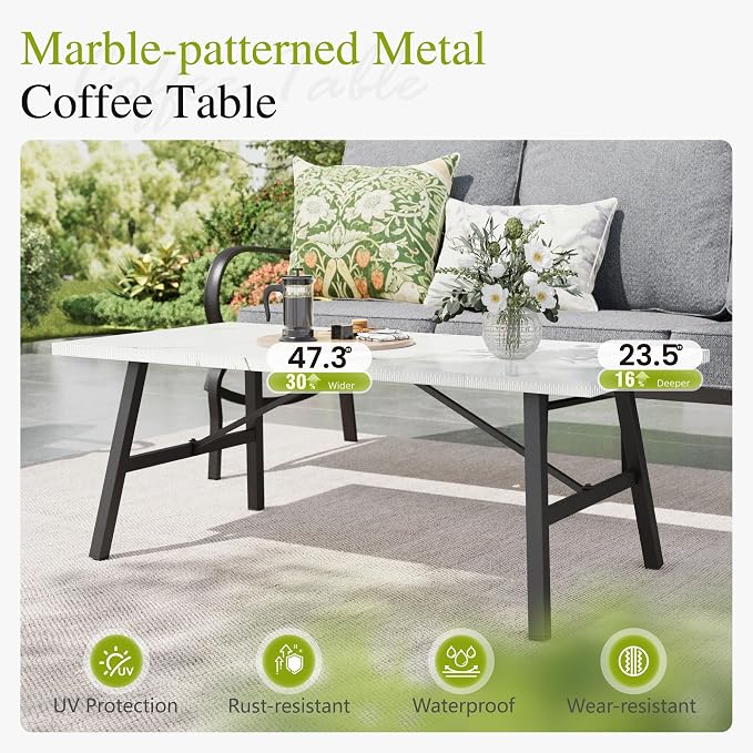 Sophia & William Patio Furniture Sets 5 Seats Outdoor Metal Conversation Sets 4 Pcs with 2 x Cushioned Swivel Sofa Chairs,1 x 3-Seat Sofa, 1x Marbling Metal Coffee Table Lawn Backyard Poolside Grey