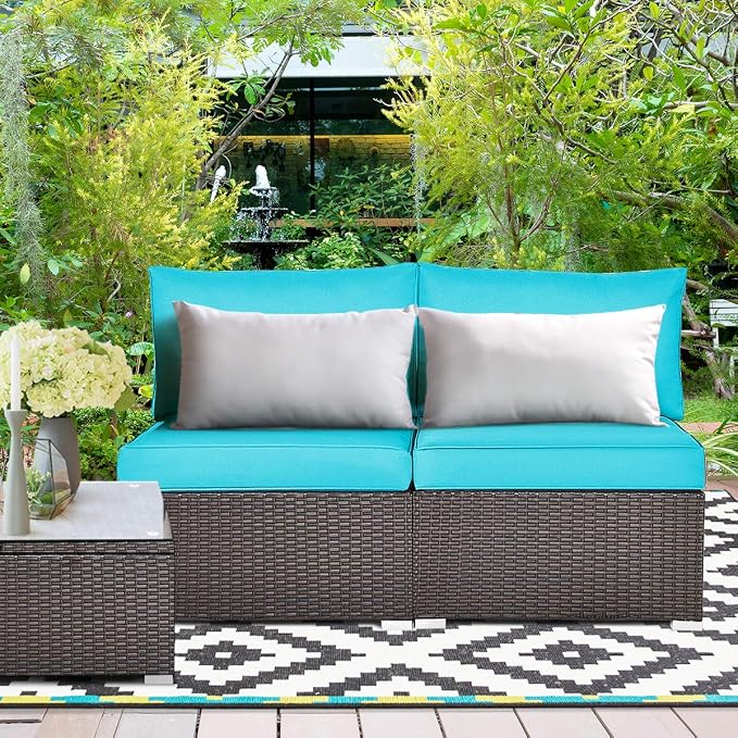 Tangkula 2 PCS Outdoor Wicker Armless Sofa, Patio Rattan Sectional Sofa Set w/2 Thick Seat Cushions and 2 Back Cushions, Additional Seats for Balcony Garden Patio Poolside (Turquoise)