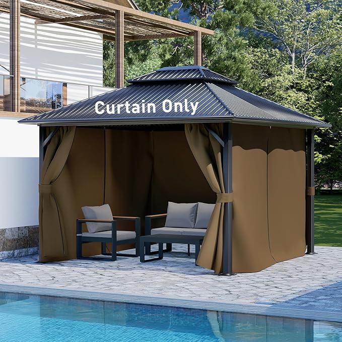 Aoodor 10x12 ft Outdoor Gazebo Curtains, 4 Panels Waterproof Privacy Sidewall Replacement with Zipper for Patio Pergola and Canopy, Brown