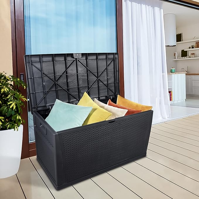 Spaco 113gal120gal Outdoor Garden Plastic Storage Deck Box Outdoor Patio Garden Furniture Lockable Seat Waterproof for Indoor, Outdoor, Garden, Courtyard (Black, 120gal)