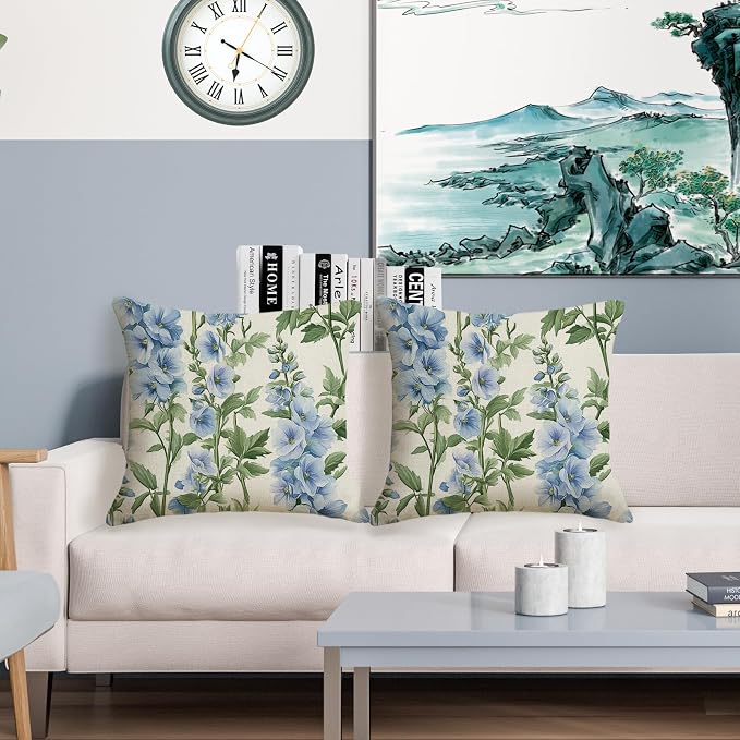 Blue Floral Throw Pillow Covers 20x20 inch Set of 2 Outdoor Waterproof Pillow Cases Delphiniums Flower Decorative Cushion Covers for Patio Garden Tent