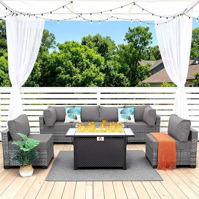 Lviden 7 Pieces Wicker Patio Furniture Set Rattan Outdoor Sectional Conversation Sofa Set with Fire Pit Table Non-Slip Cushions and Furniture Cover, Light Grey
